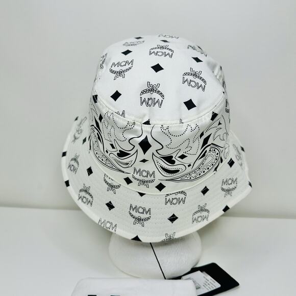 MCM White Visetos Monogram Bandana Print Logo Reversible Bucket Hat NWT $320 - Picture 6 of 10